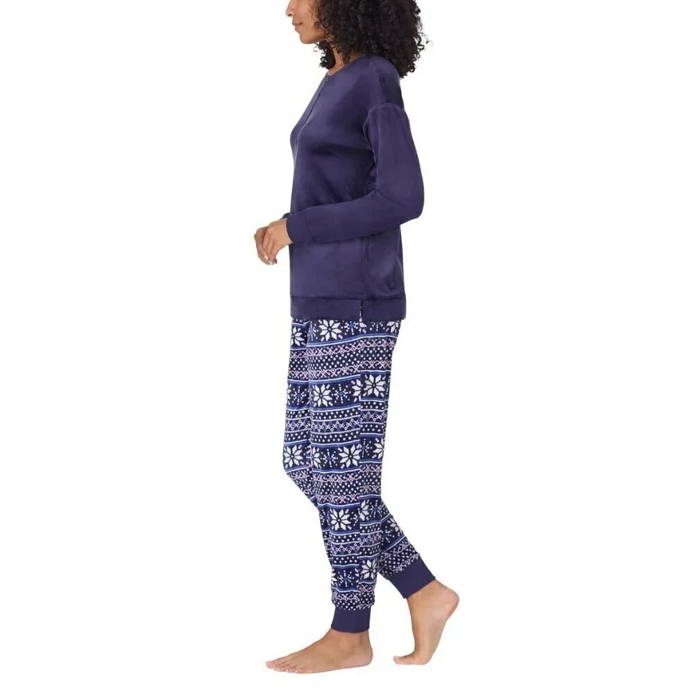 Nautica Womens 2-pc Pajama Set Snowflake Print Pants Henley Top Stretch Fleece